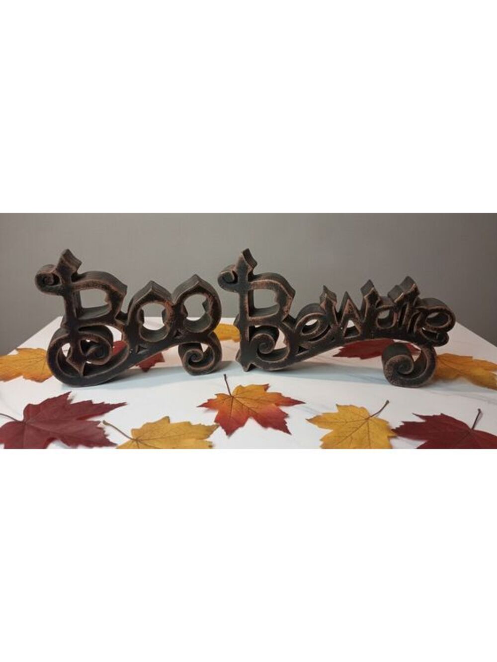 Gothic-Style Gilded Black Scrollwork Free-Standing "Boo/Beware" Signs